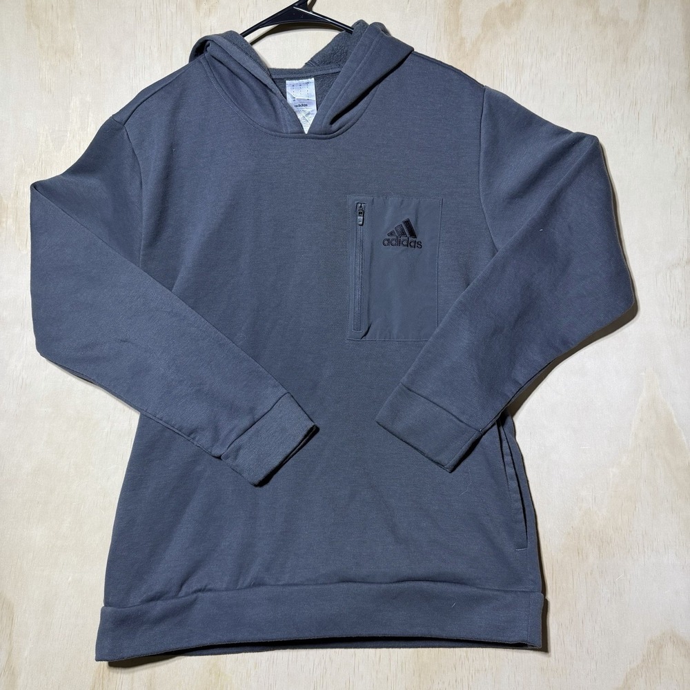 Adidas Men’s Large Gray Pullover Hoodie Fleece Zip Chest Pocket Logo Athletic